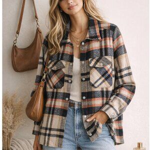 BLANK NYC Plaid Shacket Jacket Cozy Brushed Flannel Neutral Fall S